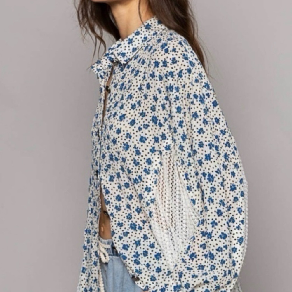 POL Blue and White Floral Button-Down Shirt - Picture 3 of 3